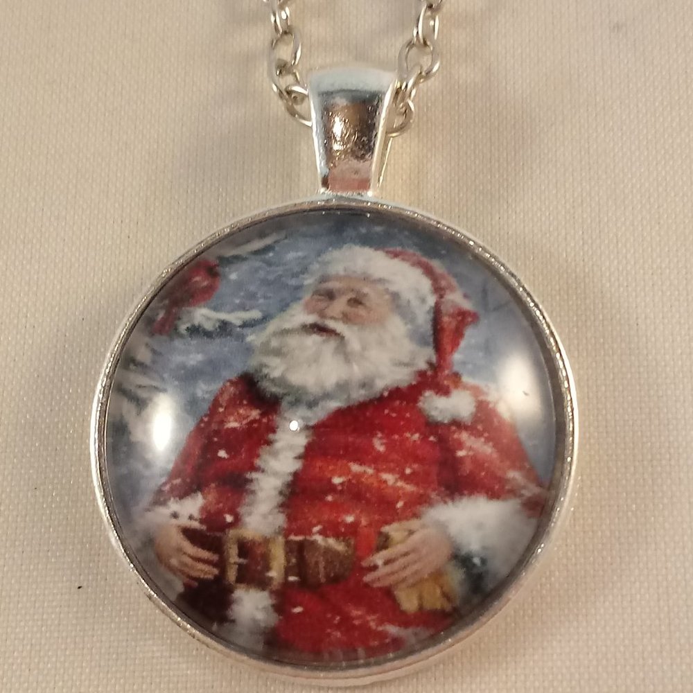 Silver Santa Claus Cabochon Pendant Necklace 20" Party Gift